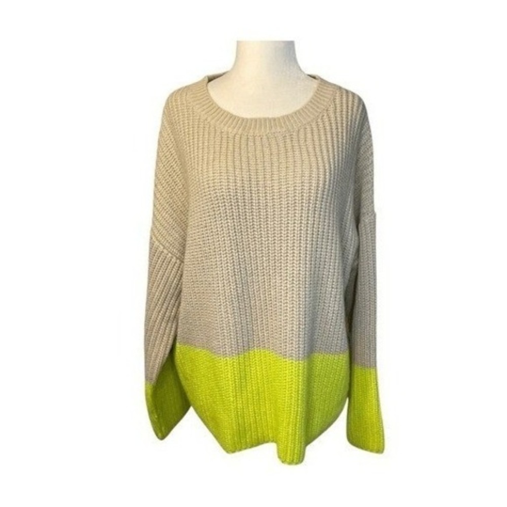 Lush Colorblock‎ Sweater Tan Lime Green Chunky Knit Crewneck Long Sleeve M